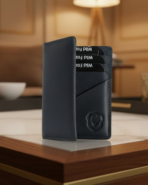 Blue leather bi-fold leather card holder